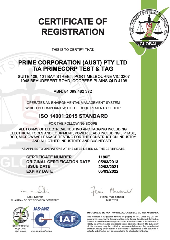 Test & Tag Melbourne Certificate