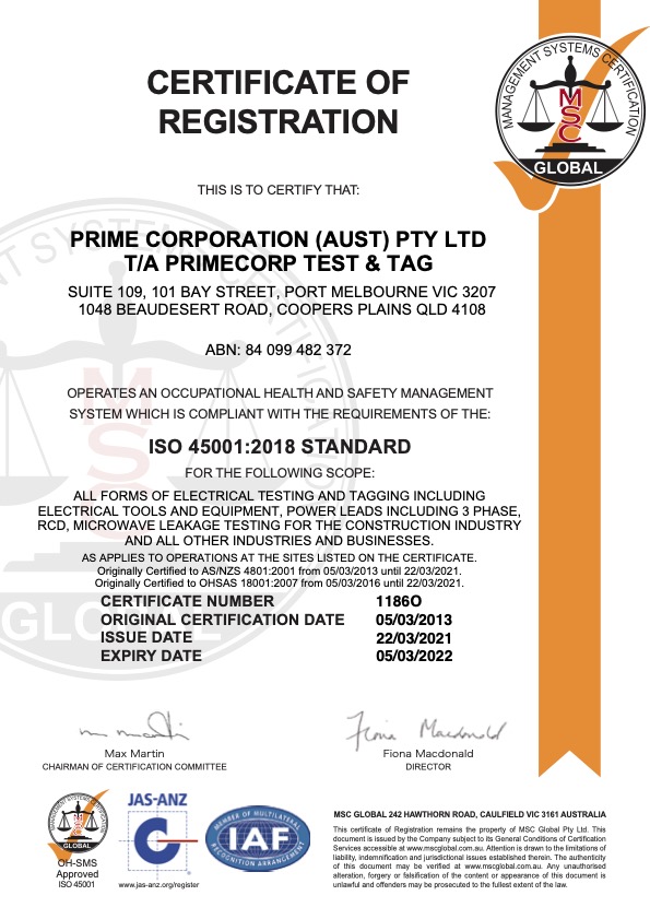 Melbourne Test & Tag Certificate